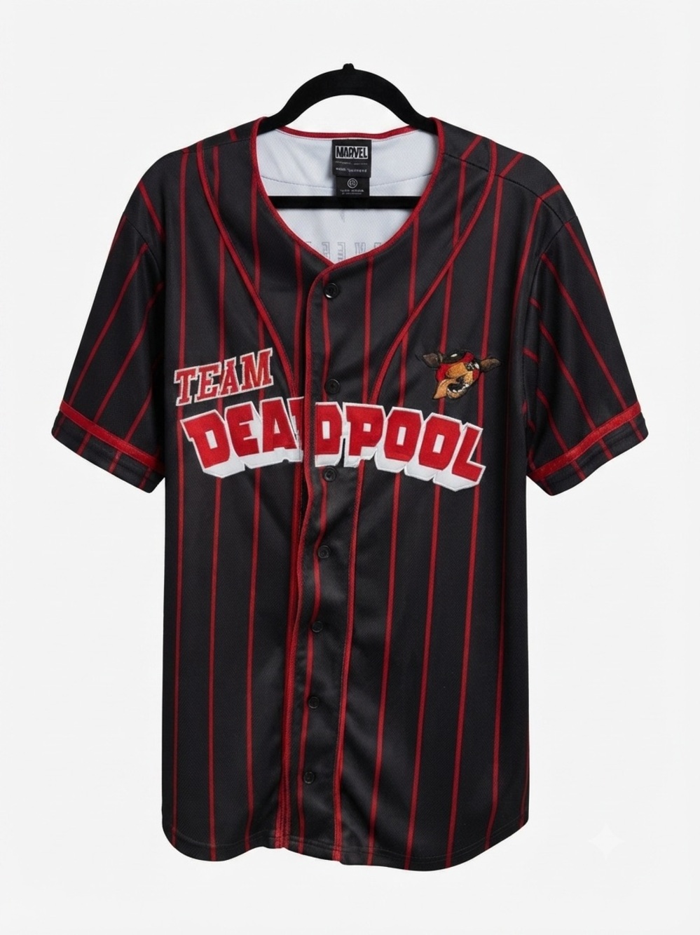Marvel Team Deadpool Black and Red Button-Up Baseball Jersey